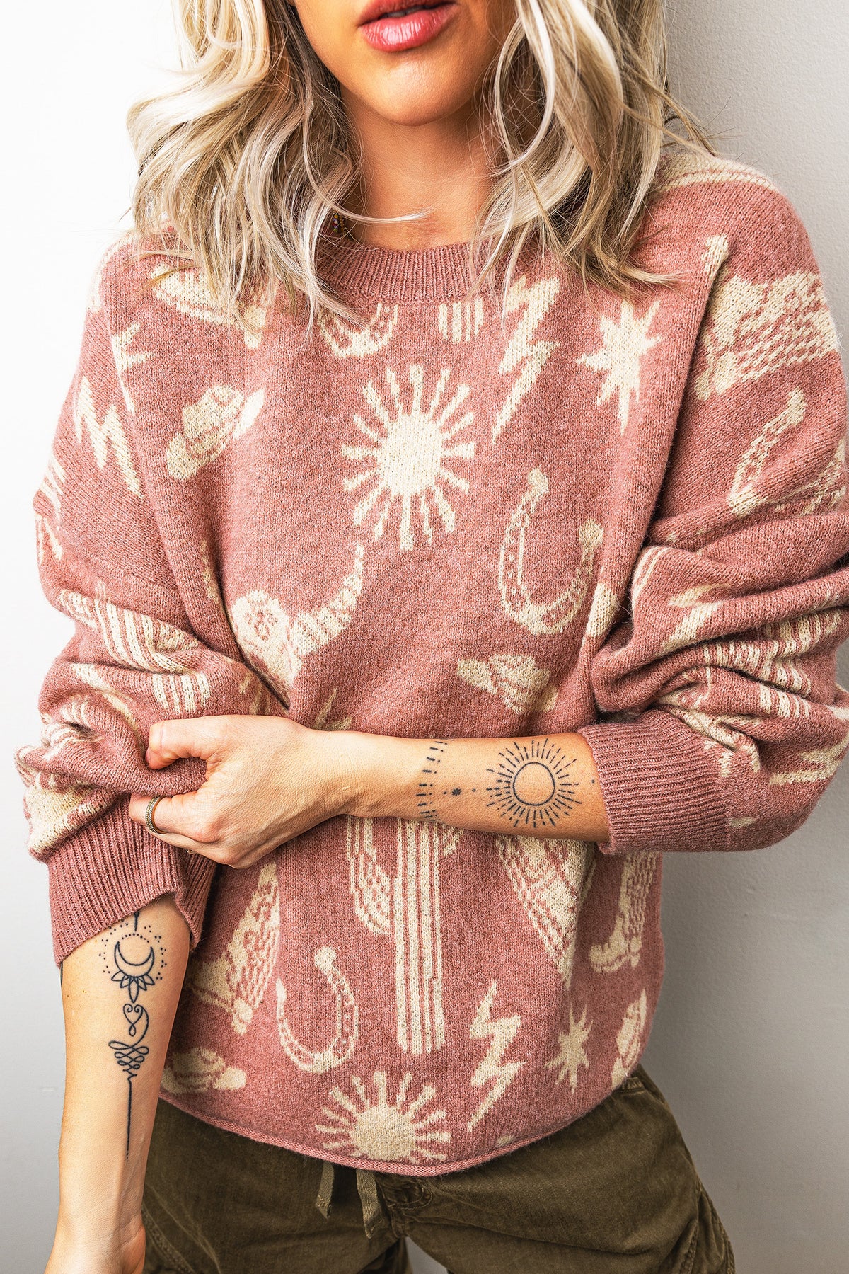 Peach Pink Western-Print Crewneck Sweater