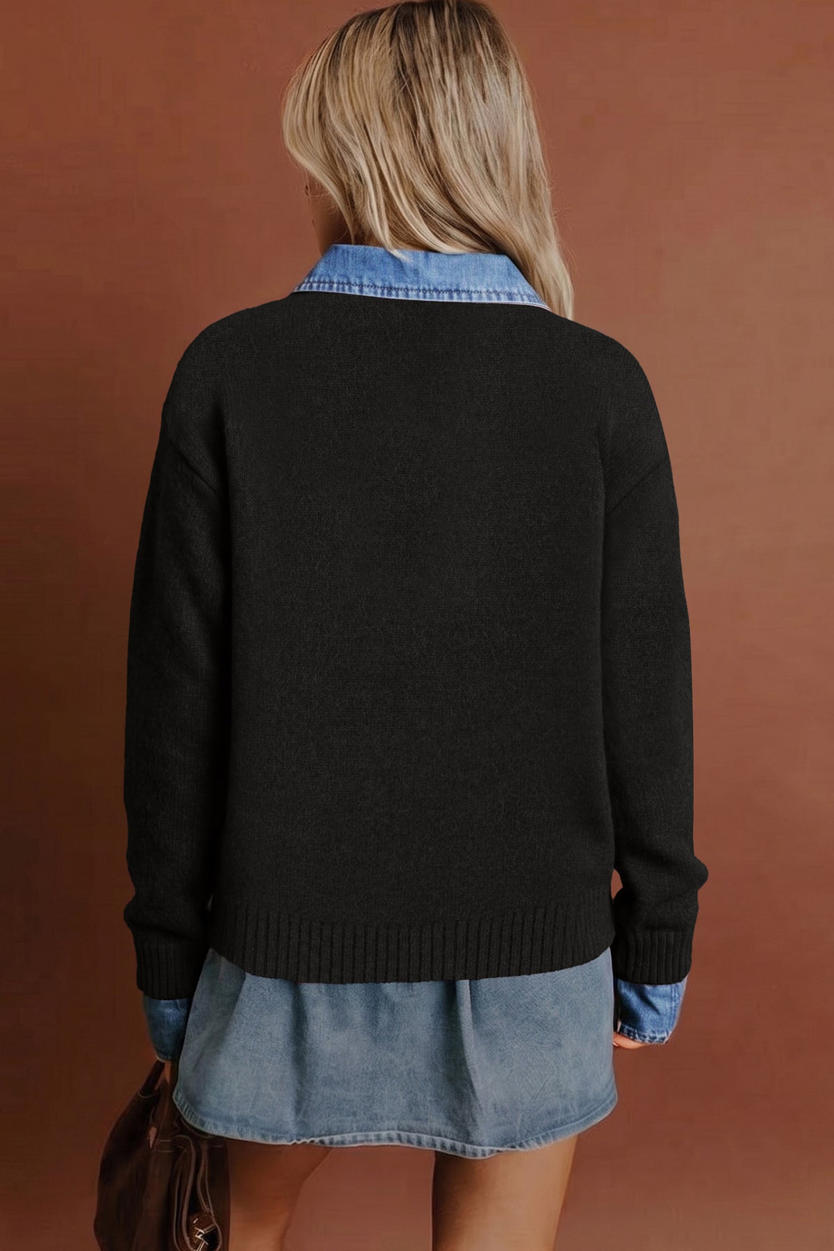 Black Denim-Panel Collared Sweater