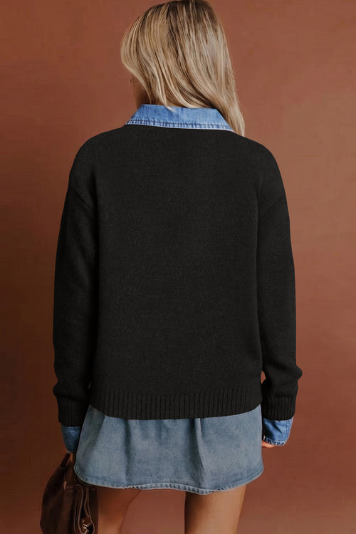 Black Denim-Panel Collared Sweater
