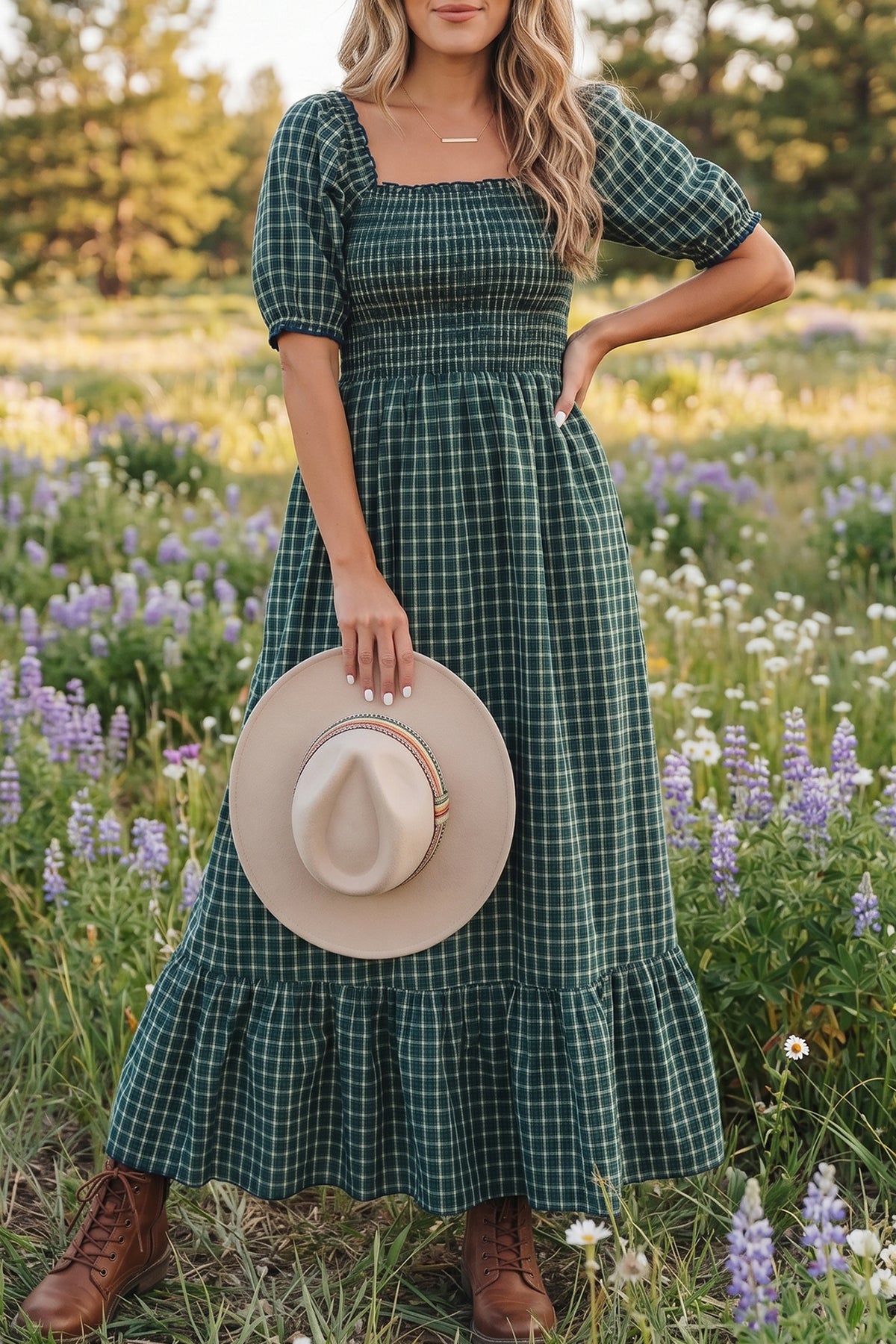 Green Plaid Square-Neck Ruffle Maxi Dress