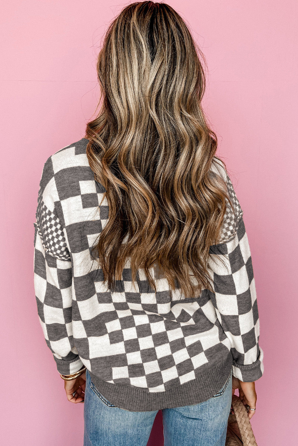 Khaki Checkered Drop-Shoulder Crewneck Sweater