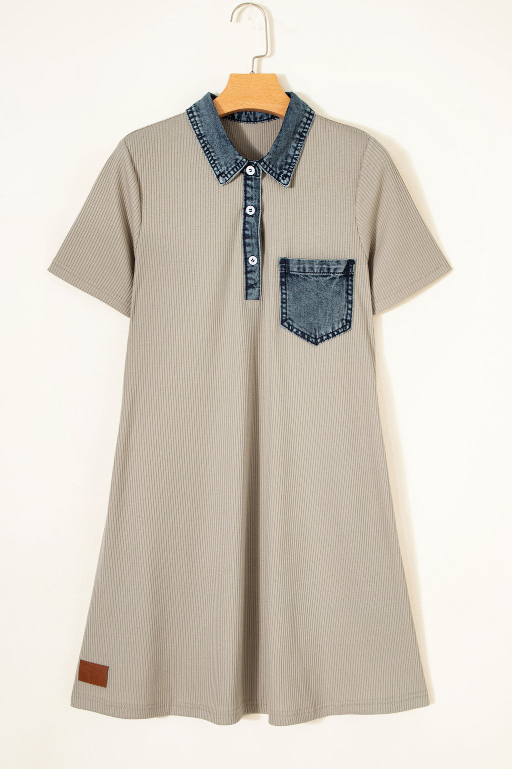 Beige Ribbed-Knit Denim-Panel Polo Dress
