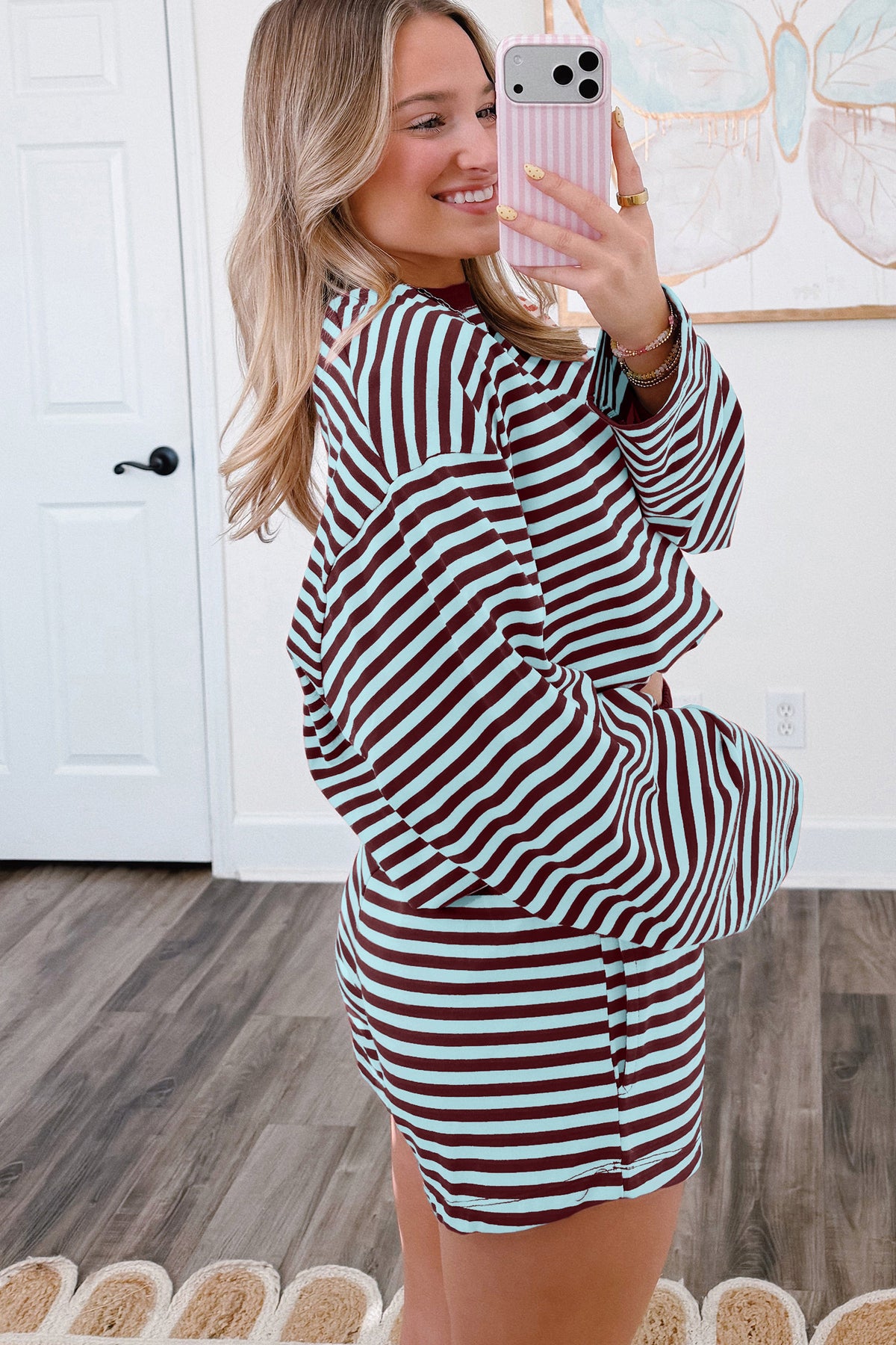 Brown Striped Long-Sleeve Top & Shorts Set