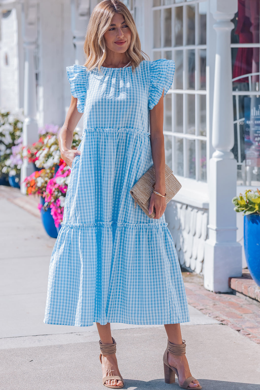 Sky Blue Gingham Ruffle-Sleeve Maxi Dress