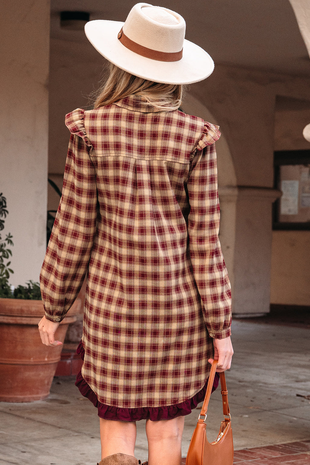 Red Plaid Ruffle Long-Sleeve Mini Shirt Dress