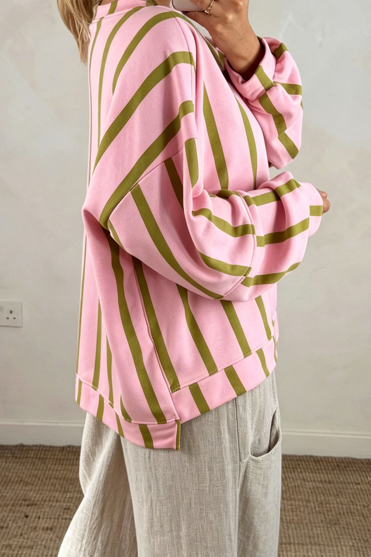 Green Striped Drop-Shoulder Crewneck Sweatshirt