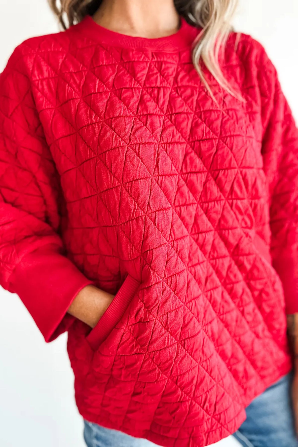 Red Quilted Three-Quarter Sleeve Pocket Top