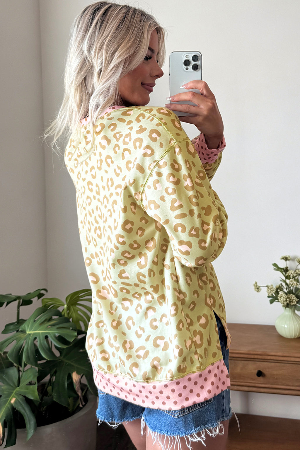 Pink Leopard Polka Dot Long-Sleeve Top