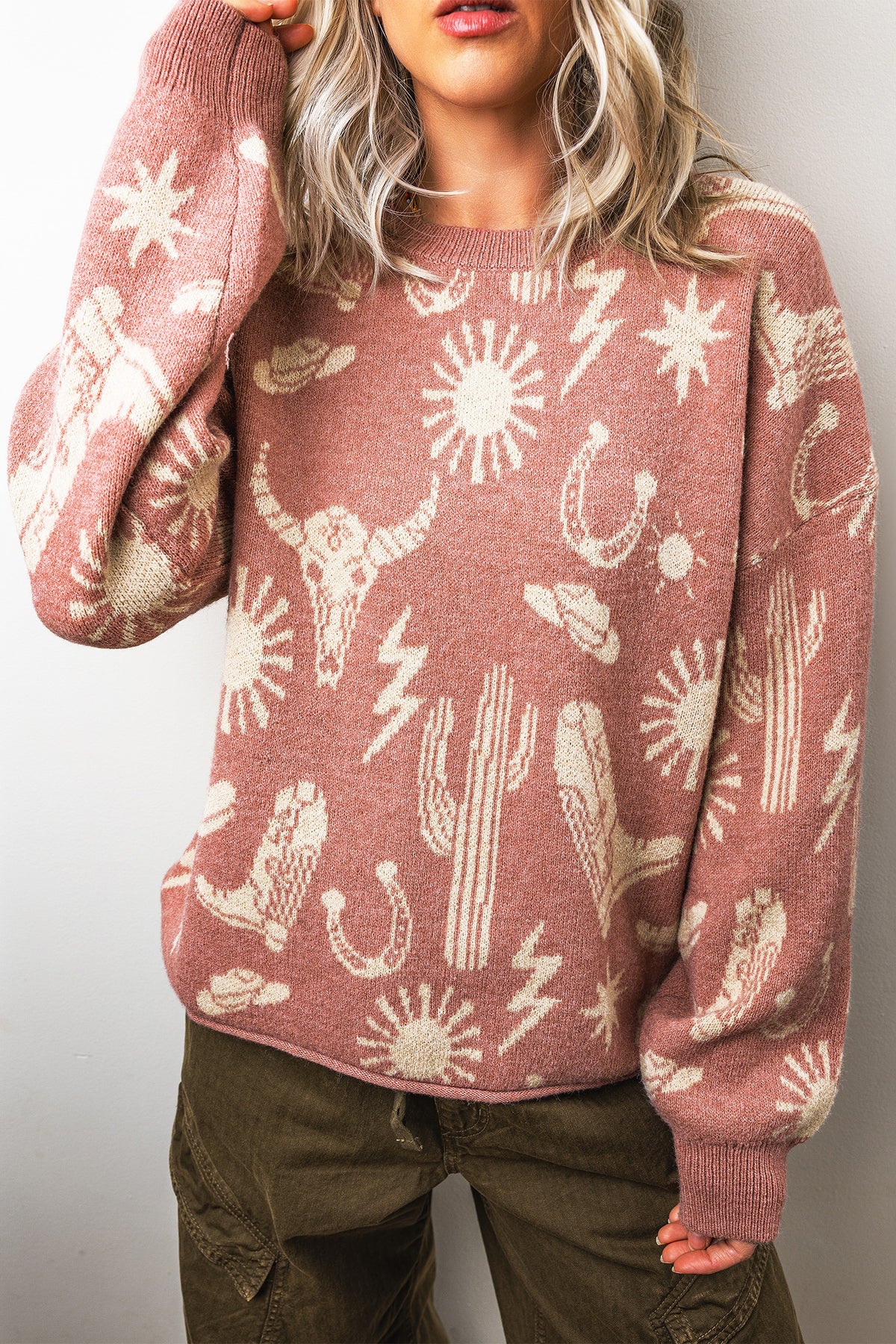 Peach Pink Western-Print Crewneck Sweater