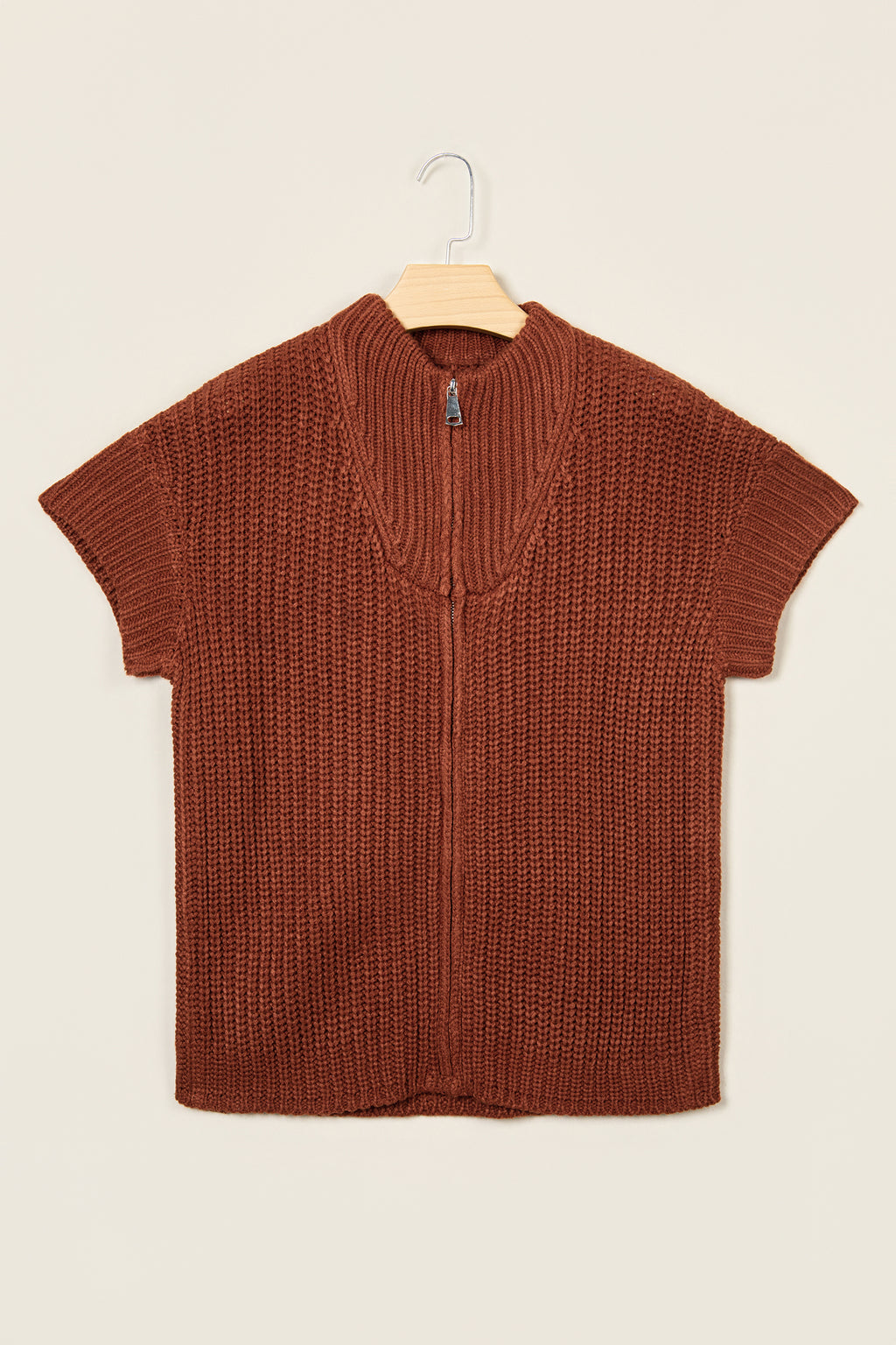 Cream Short-Sleeve Zip-Neck Knit Sweater