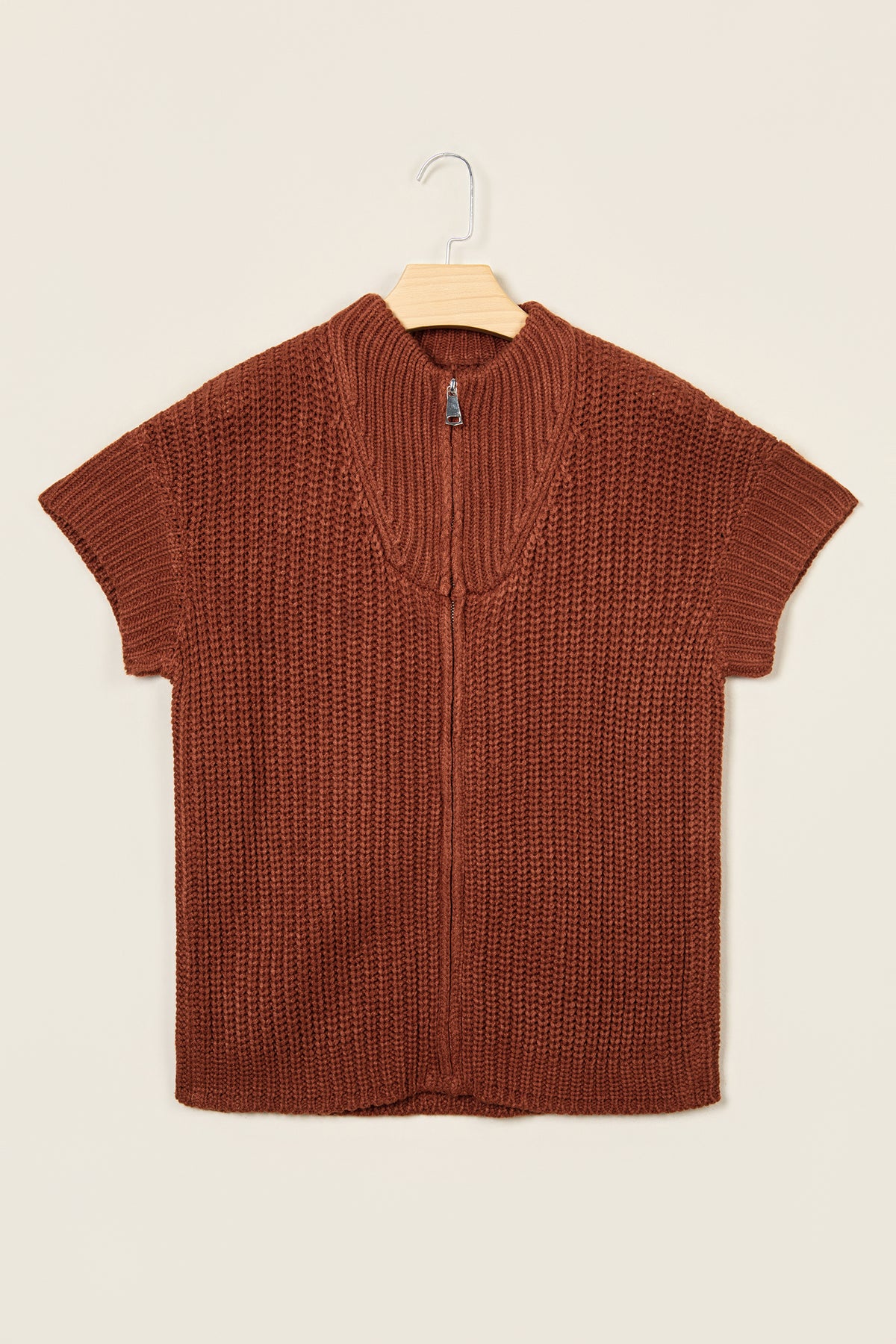 Cream Short-Sleeve Zip-Neck Knit Sweater
