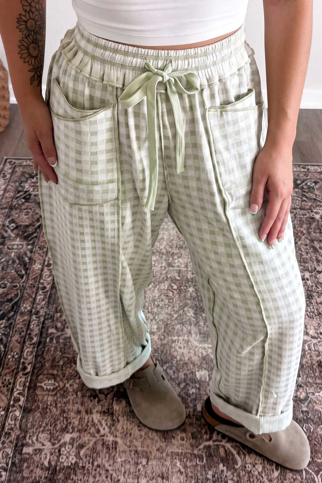Brown Plaid Drawstring Casual Pants