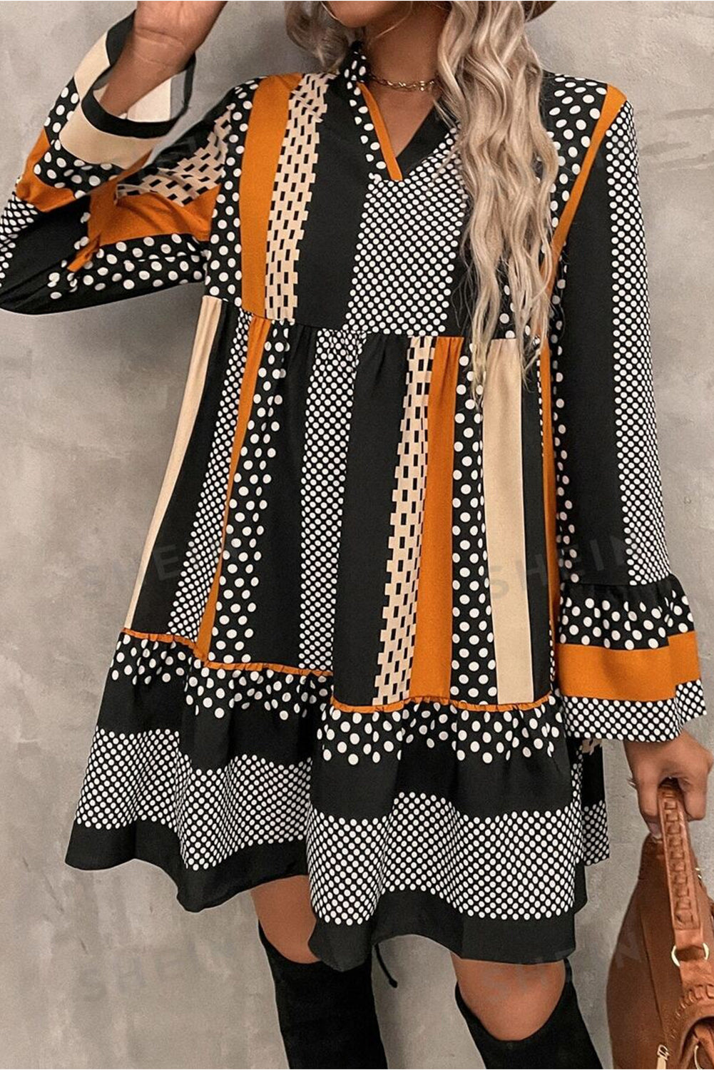 Black Striped Polka Dot V-Neck Mini Dress