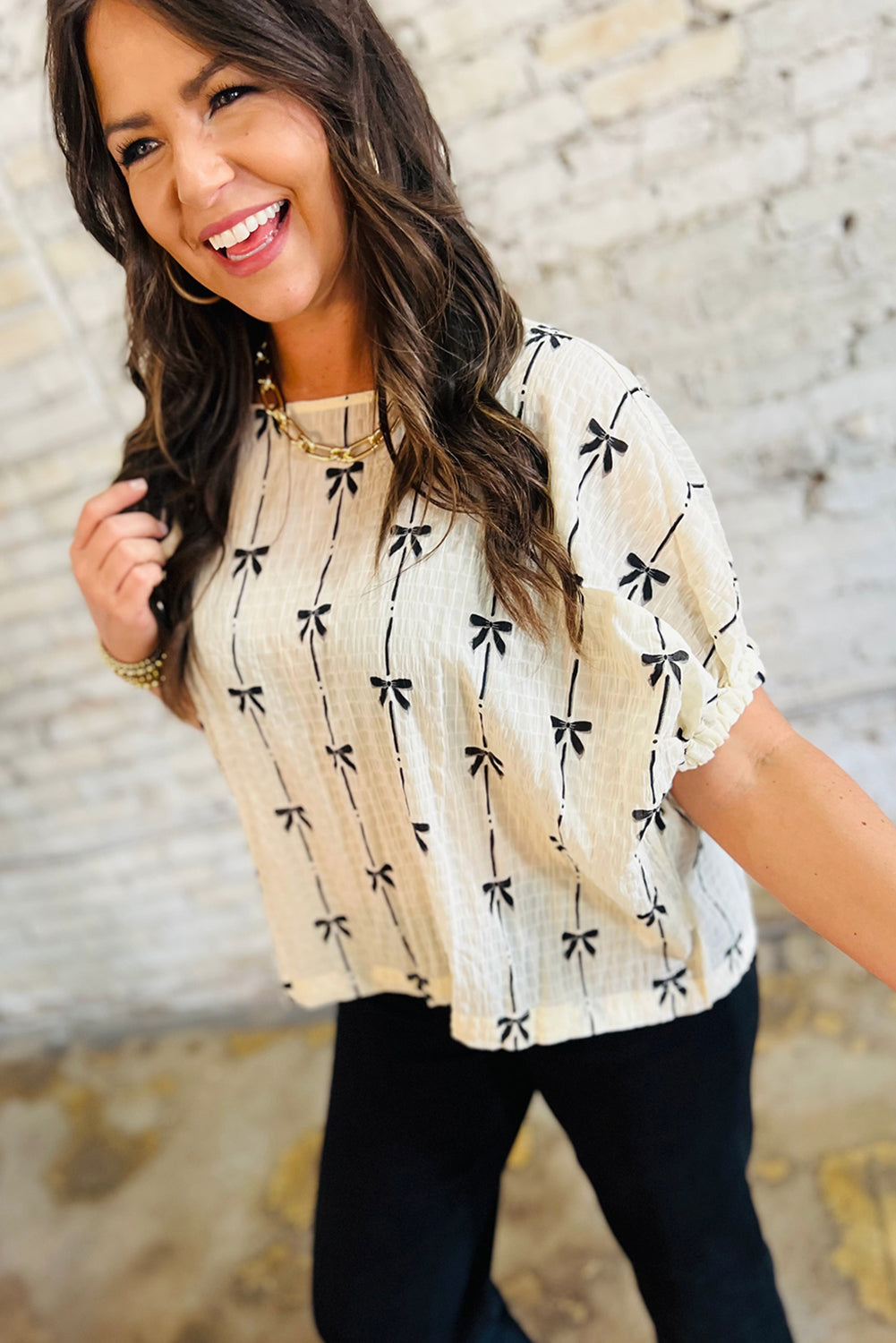 Beige Bow-Print Puff-Sleeve Blouse