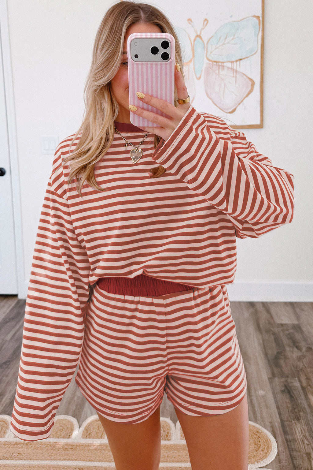 Brown Striped Long-Sleeve Top & Shorts Set