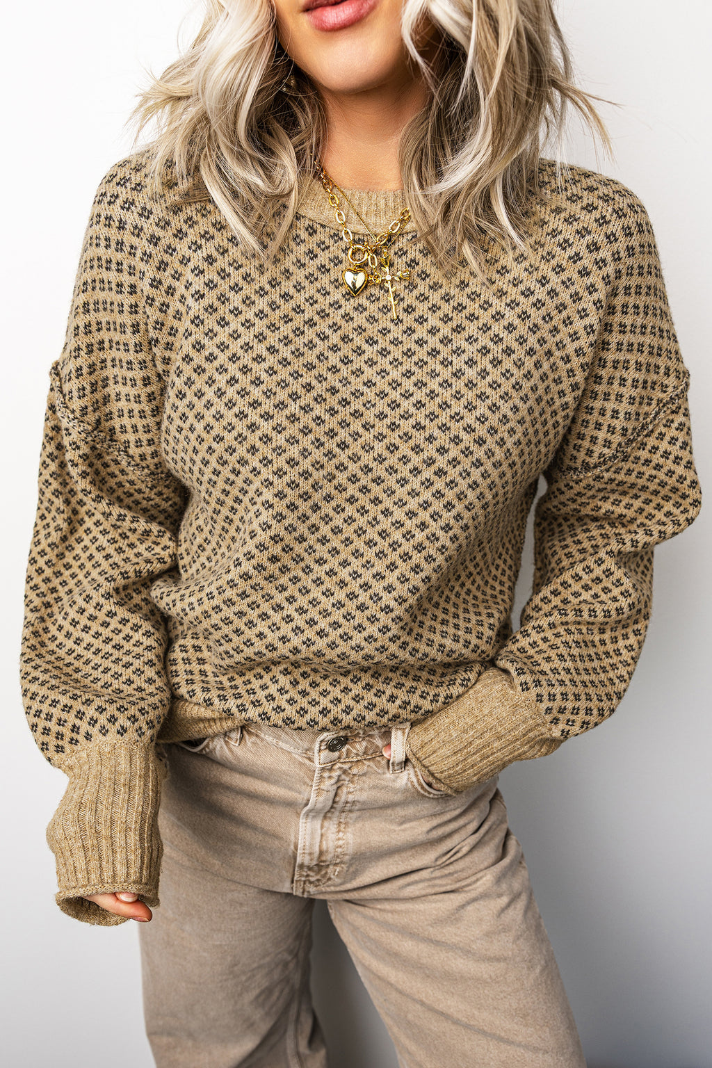 Khaki Geometric-Print Drop-Shoulder Sweater