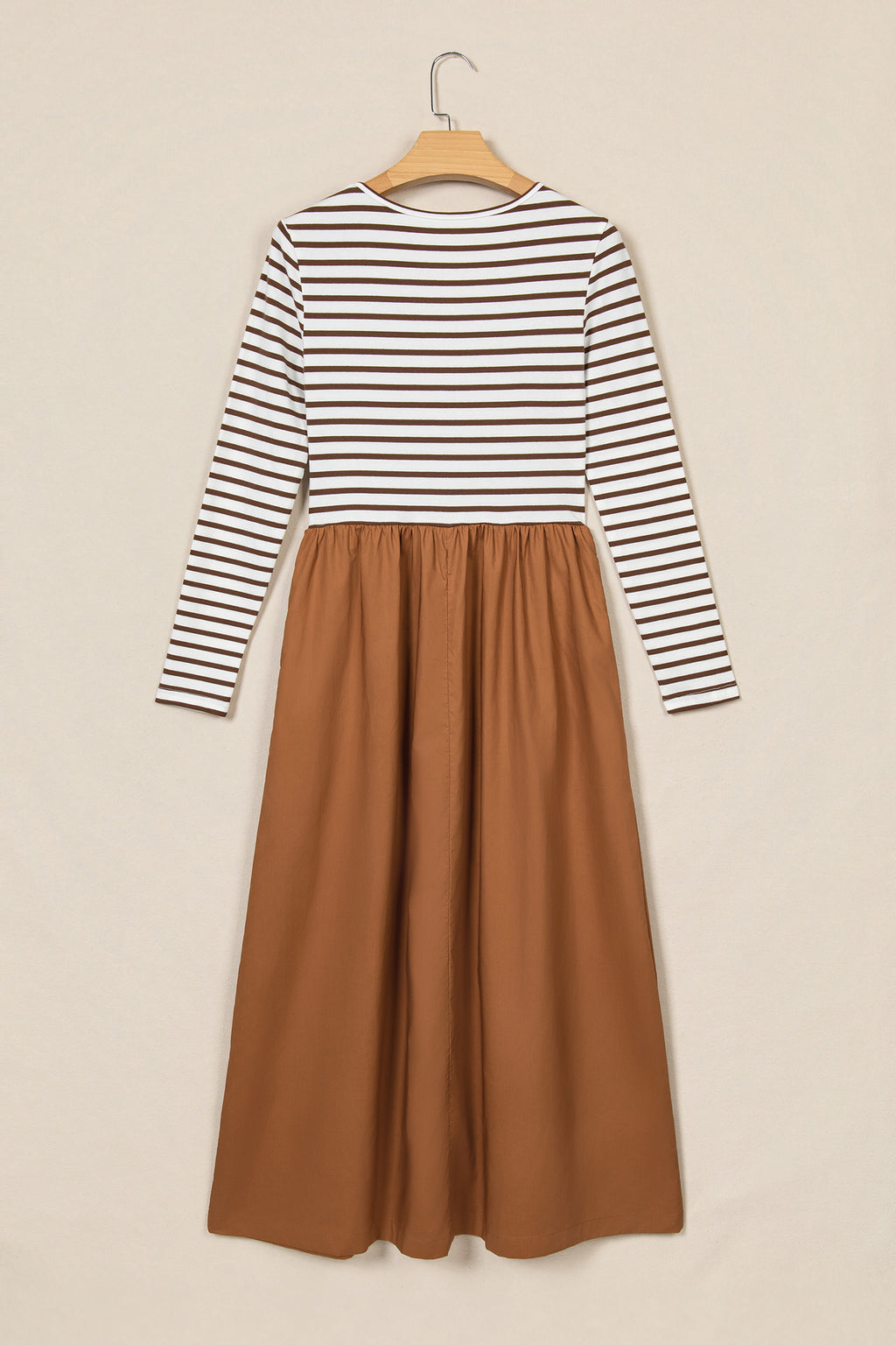 Brown Striped Ribbed-Knit Flared Maxi Dress
