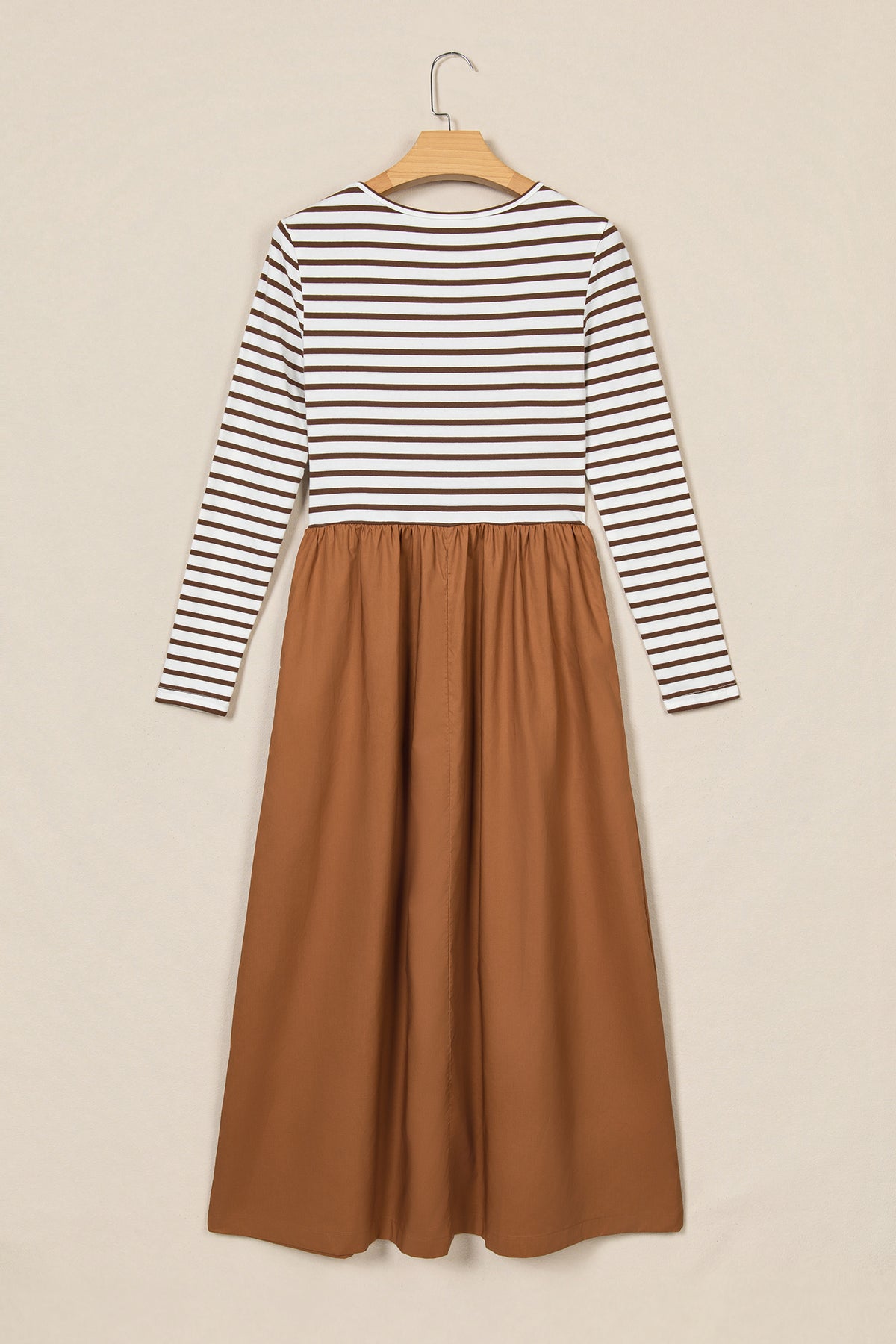 Brown Striped Ribbed-Knit Flared Maxi Dress