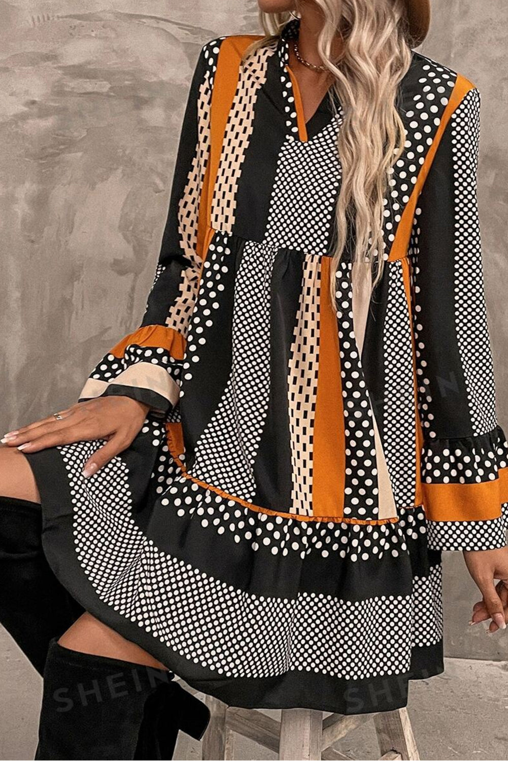 Black Striped Polka Dot V-Neck Mini Dress