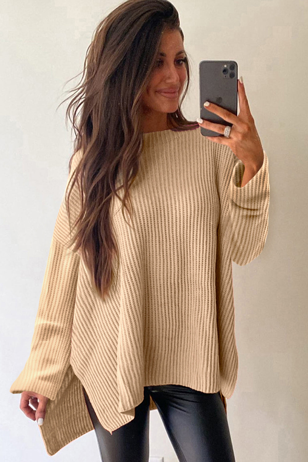 Apricot Cable-Knit Drop-Shoulder Sweater