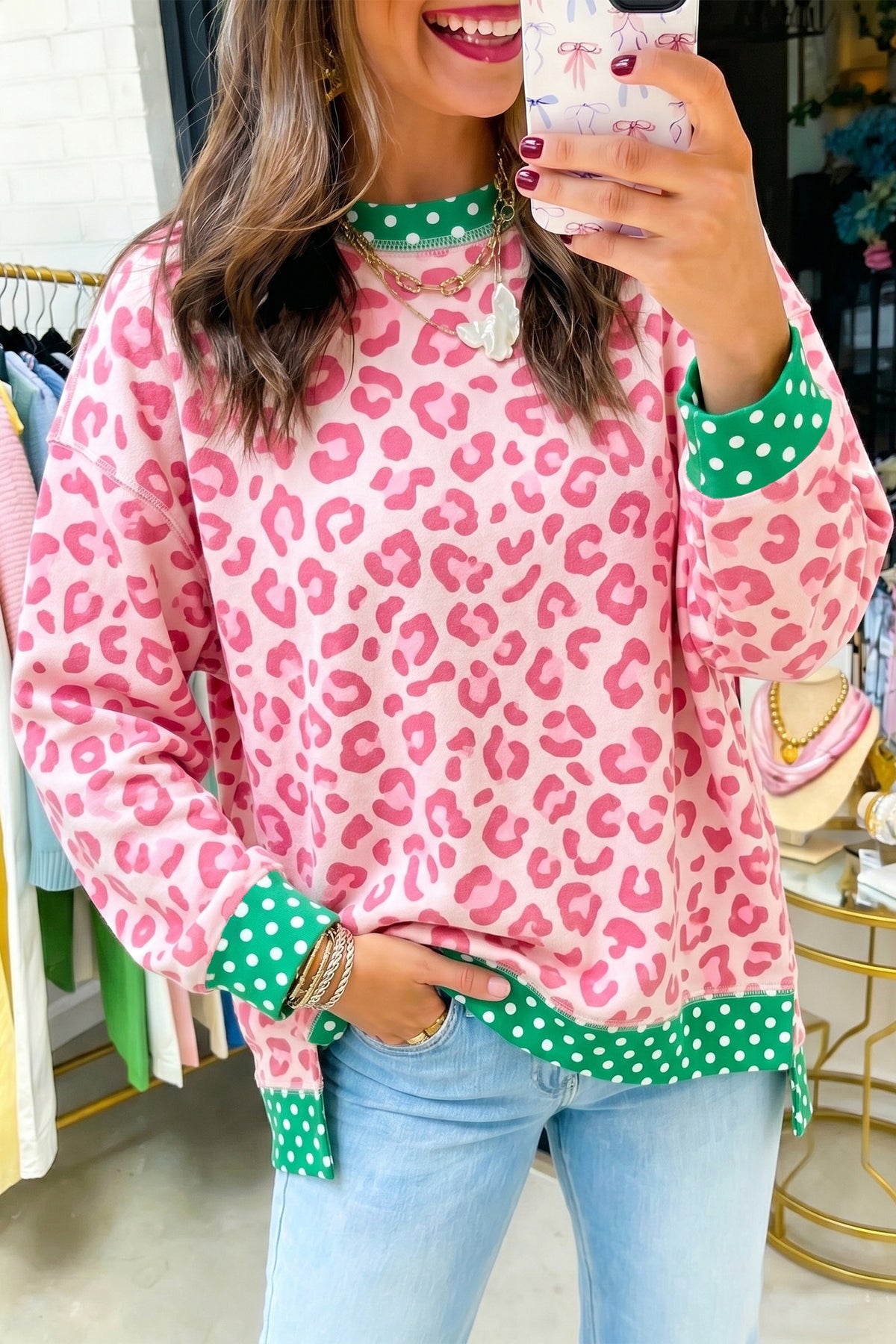 Pink Leopard Polka Dot Long-Sleeve Top from ARVELA