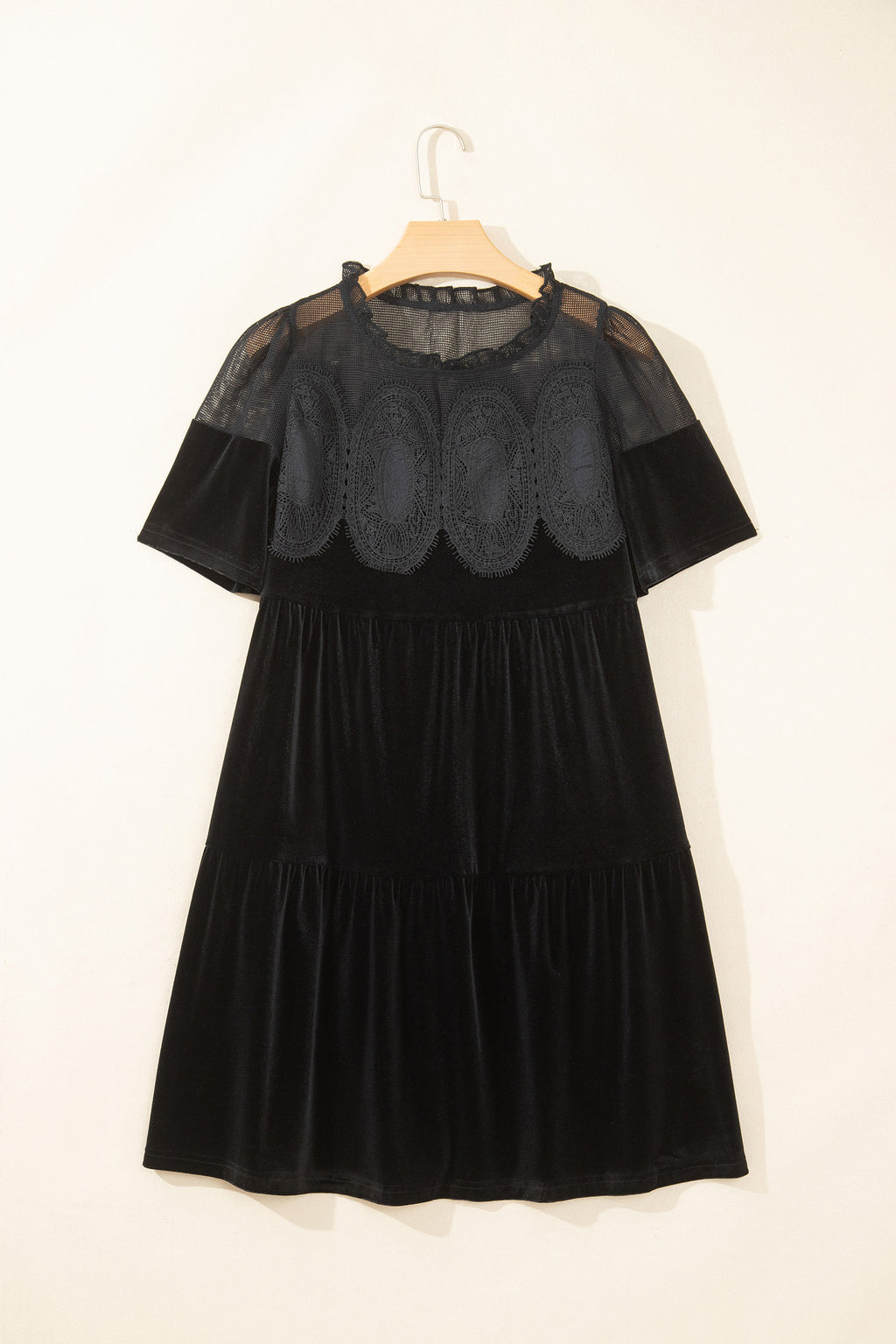 Black Embroidered Velvet Short-Sleeve Mini Dress