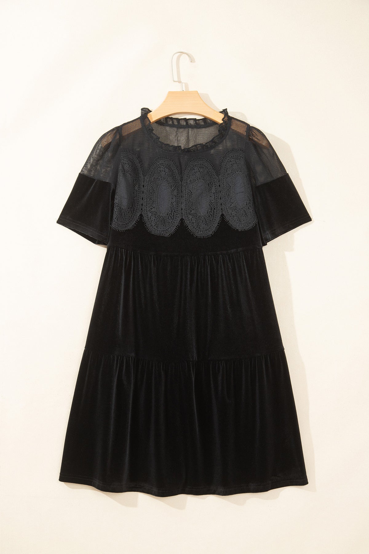 Black Embroidered Velvet Short-Sleeve Mini Dress