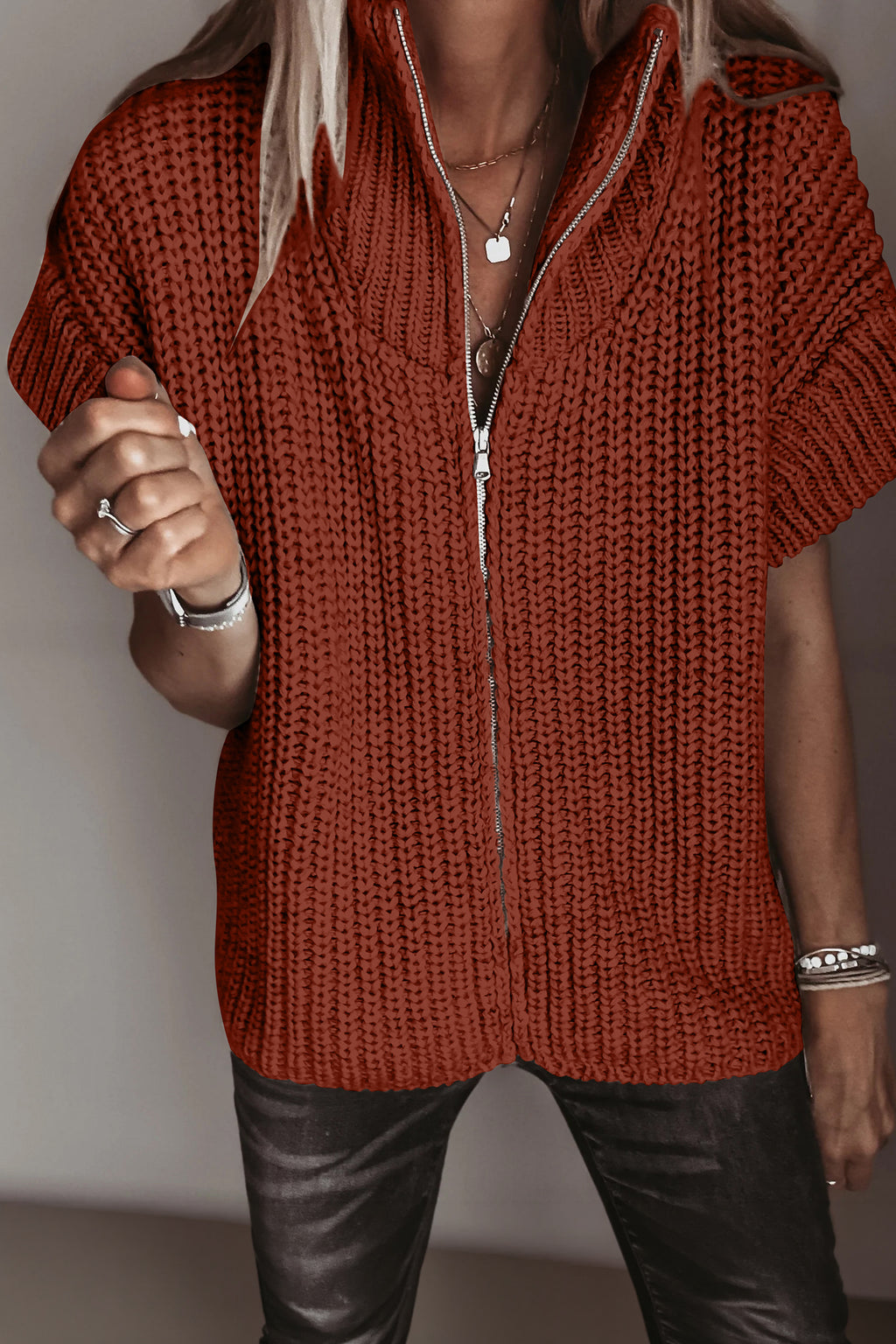 Cream Short-Sleeve Zip-Neck Knit Sweater