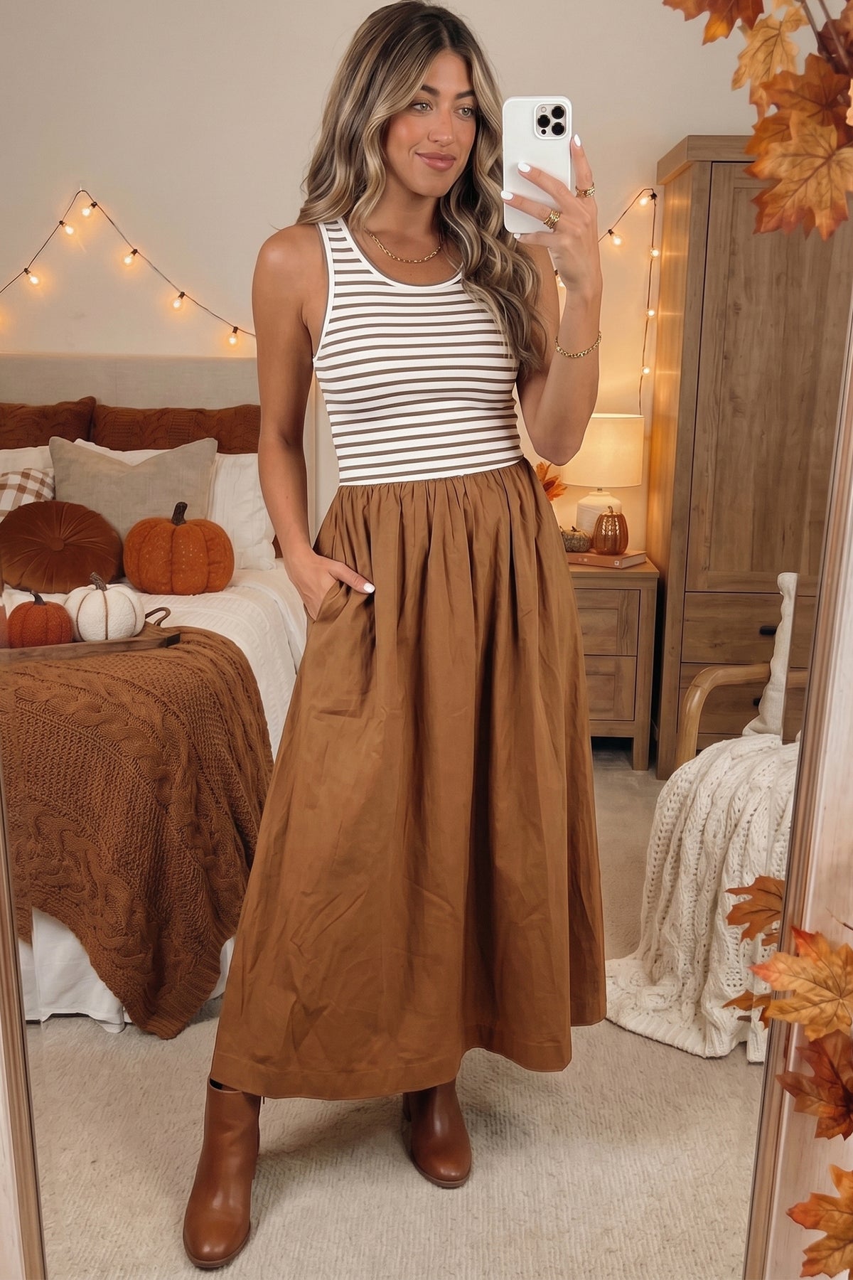 Chestnut Striped Sleeveless Maxi Dress