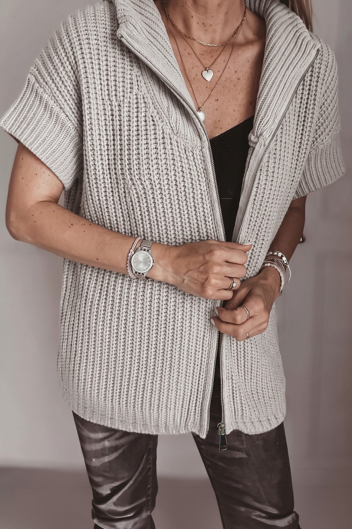 Cream Short-Sleeve Zip-Neck Knit Sweater
