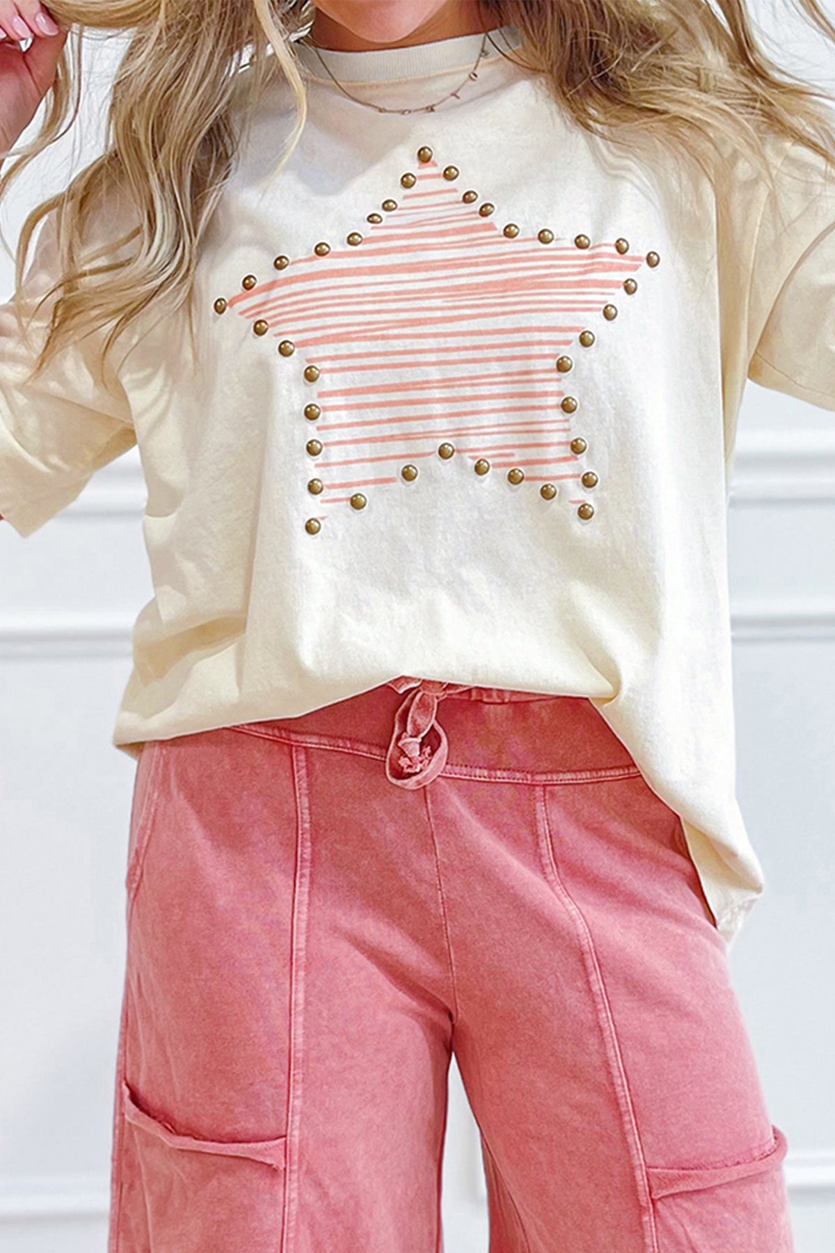 Beige Star-Print Studded Cotton Top