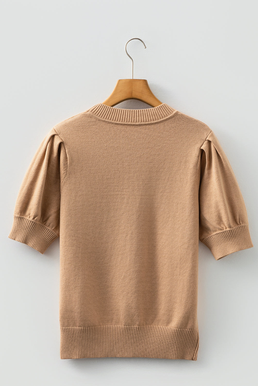 Light Beige Puff-Sleeve Knit Sweater Top