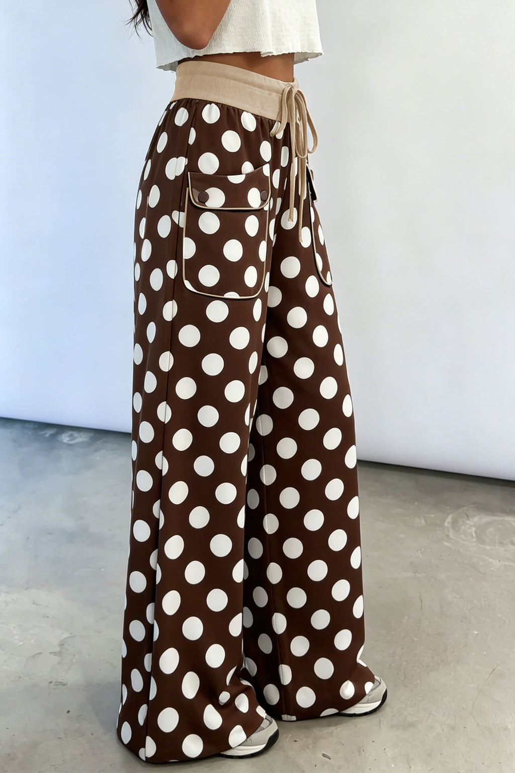 Khaki Polka Dot Wide-Leg Drawstring Pants