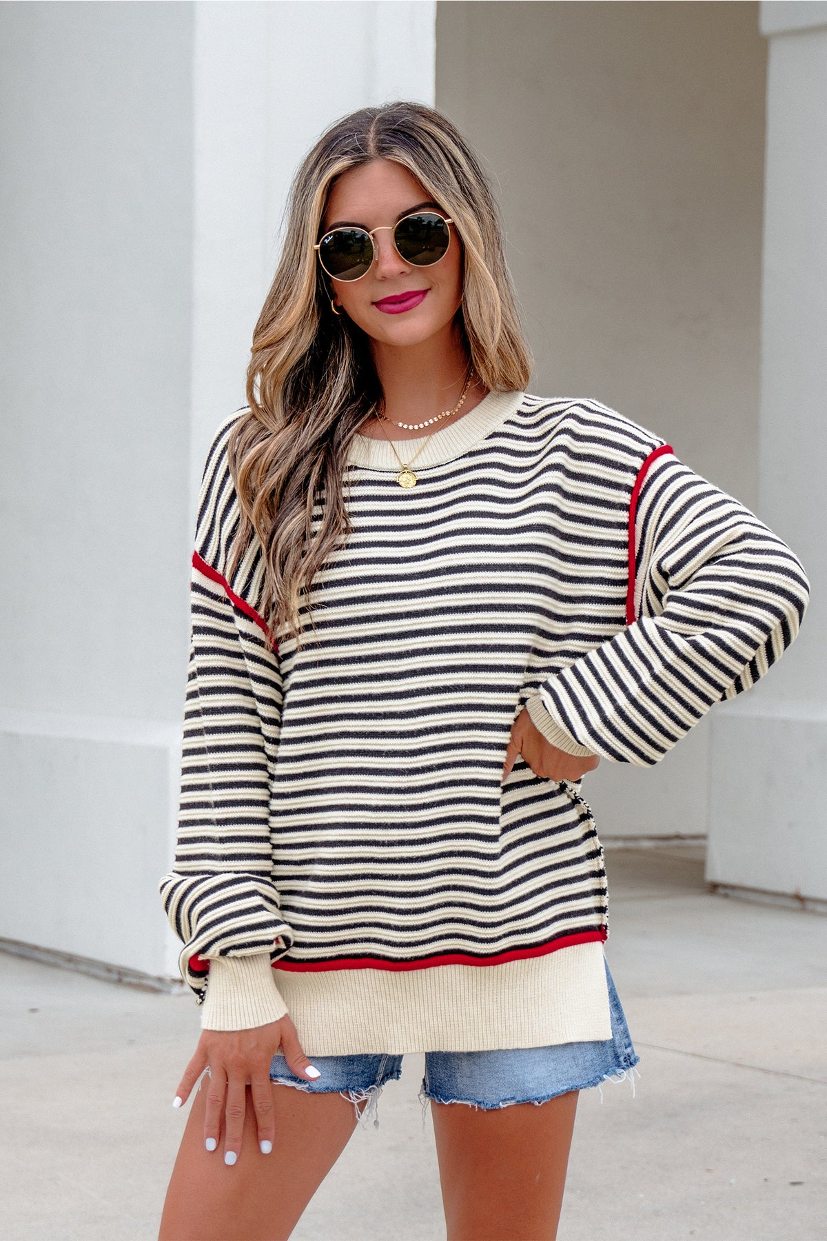 Black Striped Oversized Drop-Shoulder Sweater