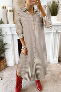 Brown Striped Textured Midi Shirt Dress from ARVELA