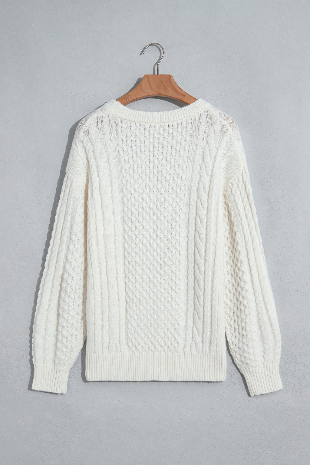 Beige Cable-Knit Relaxed Crewneck Sweater