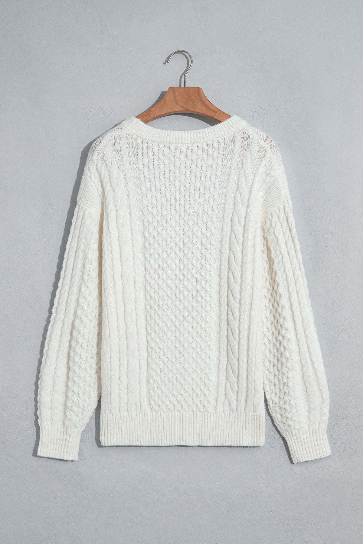 Beige Cable-Knit Relaxed Crewneck Sweater