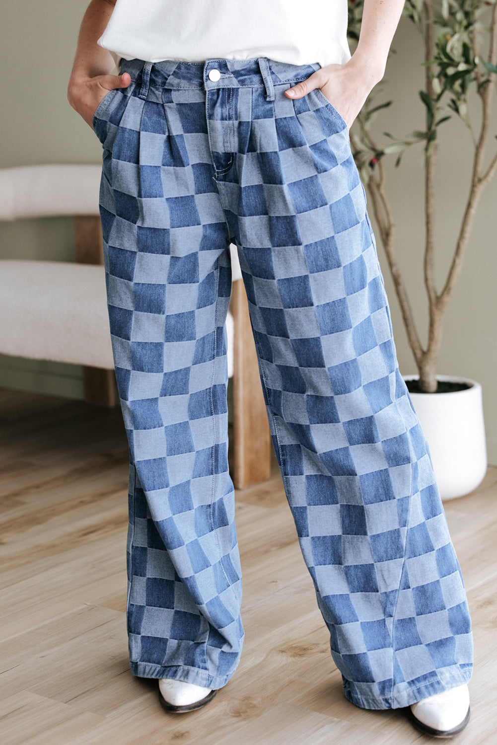 Dark Gray Checkered Wide-Leg Denim Jeans