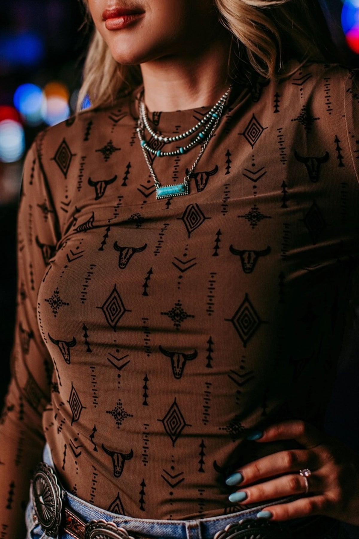Chestnut Western-Print Long-Sleeve Mesh Top from ARVELA