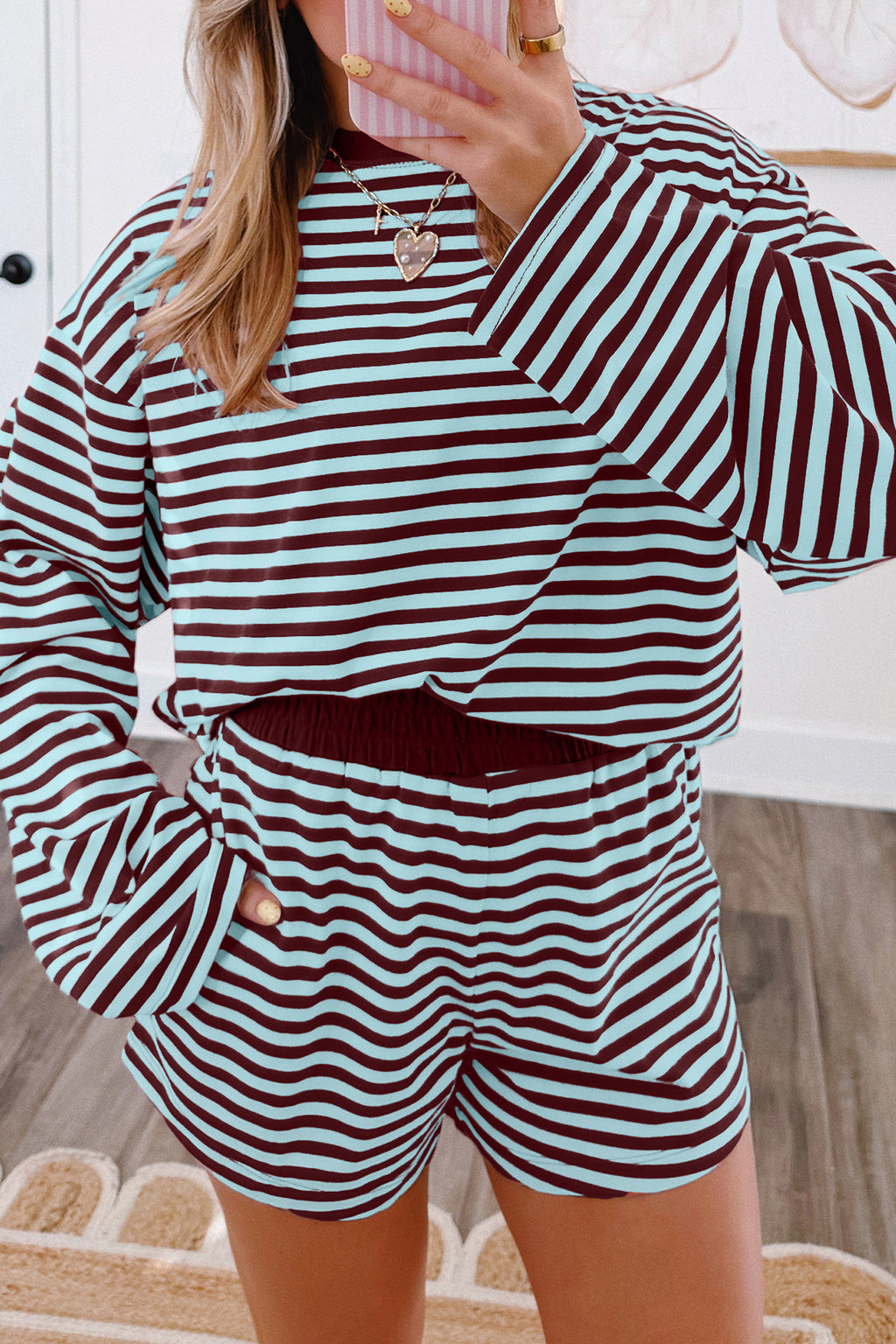 Brown Striped Long-Sleeve Top & Shorts Set from ARVELA