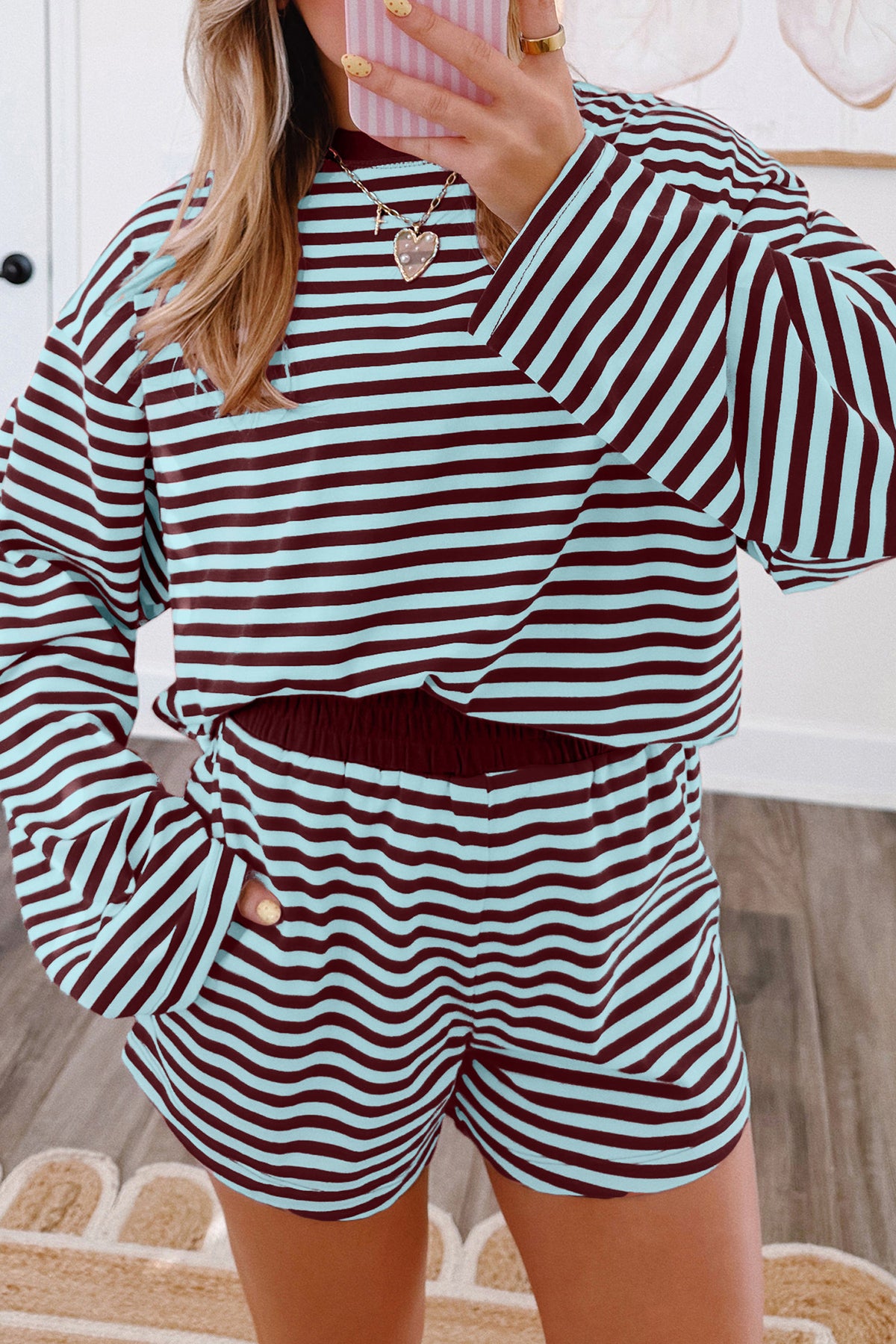 Brown Striped Long-Sleeve Top & Shorts Set from ARVELA