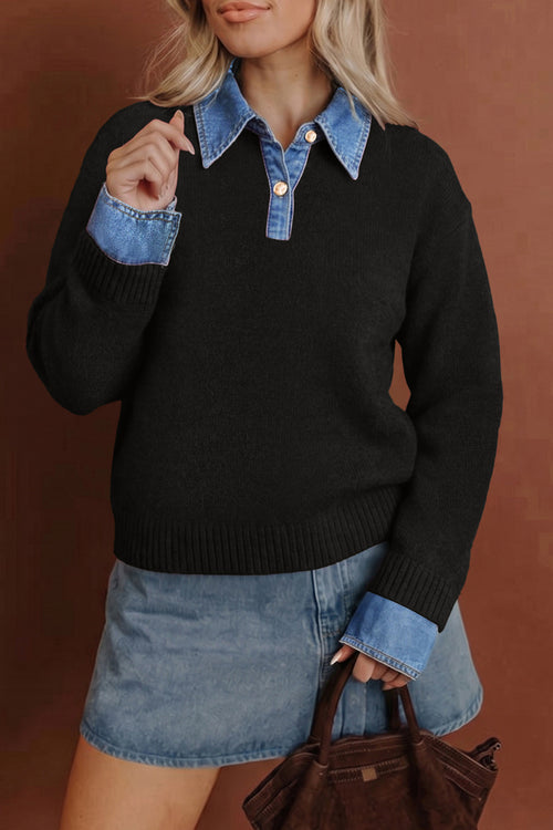 Black Denim-Panel Collared Sweater from ARVELA