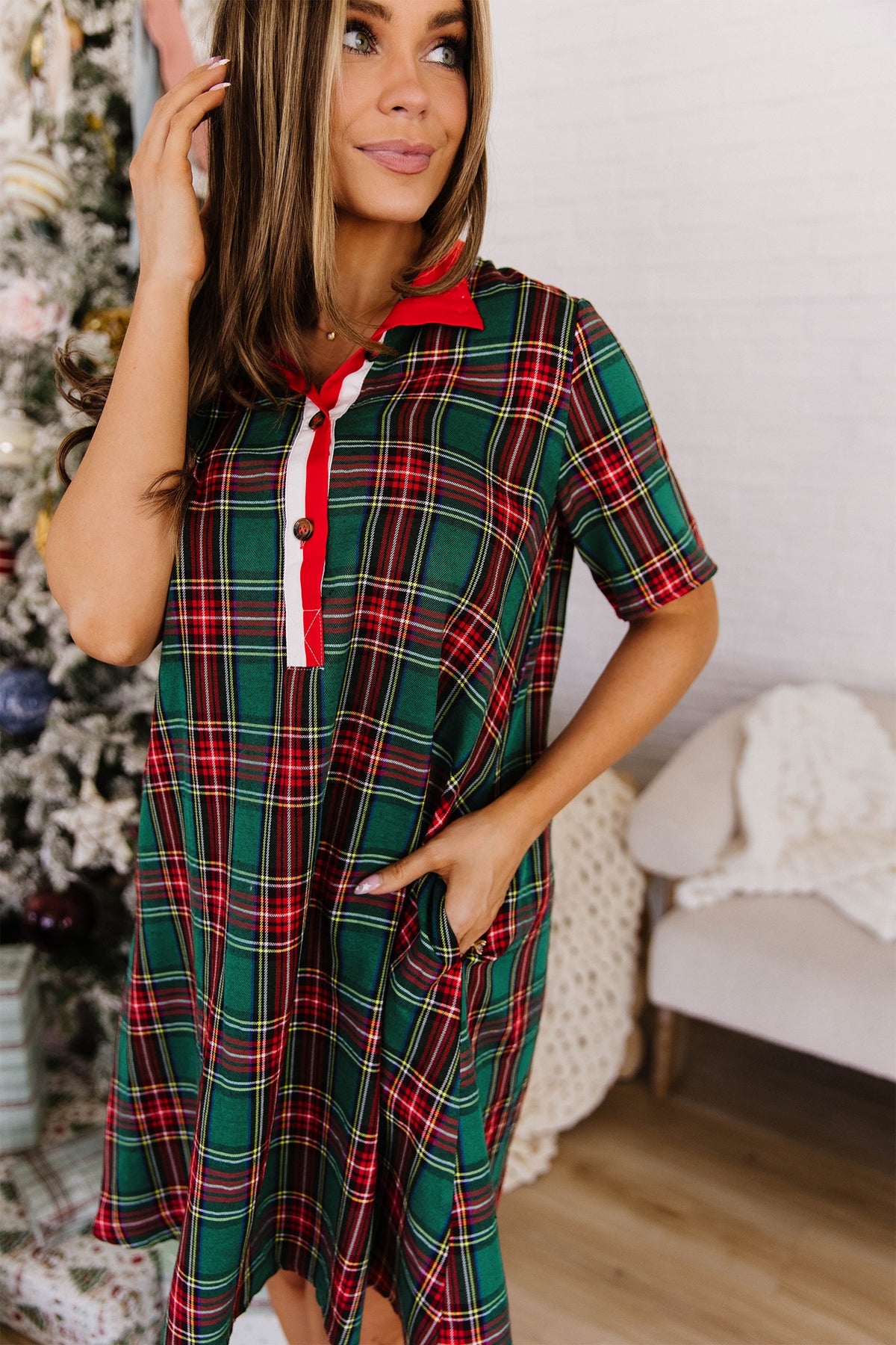 Green Plaid Button-Front Short-Sleeve Mini Dress