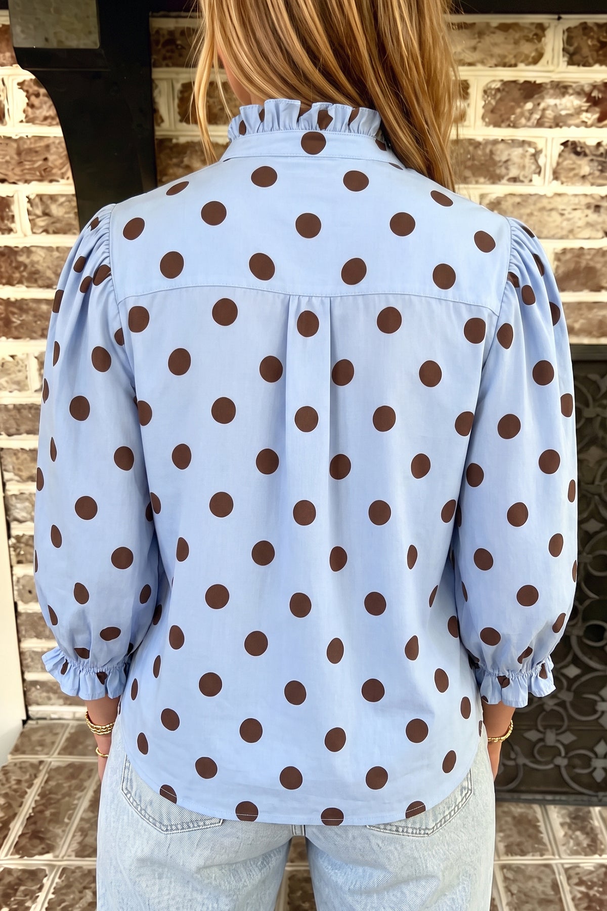 Red Striped Polka Dot Ruffle-Neck Blouse