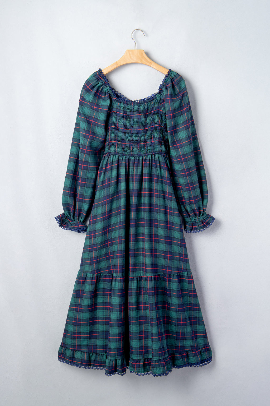 Green Plaid Lace-Trim Long-Sleeve Maxi Dress