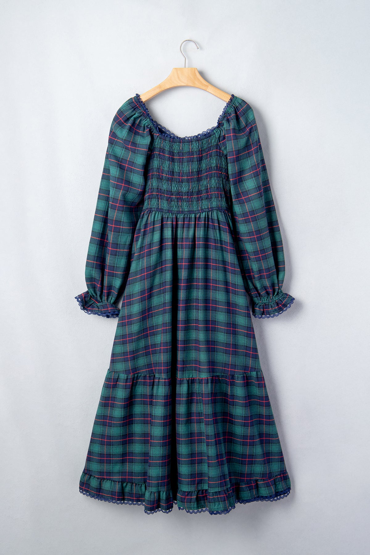Green Plaid Lace-Trim Long-Sleeve Maxi Dress