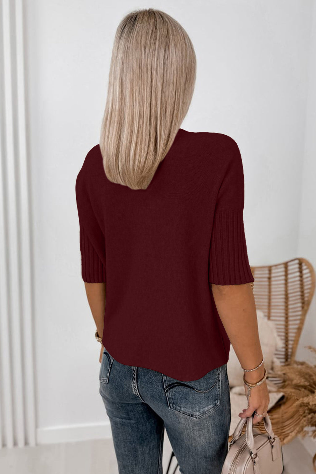 Beige Ribbed Mock-Neck Short-Sleeve Sweater
