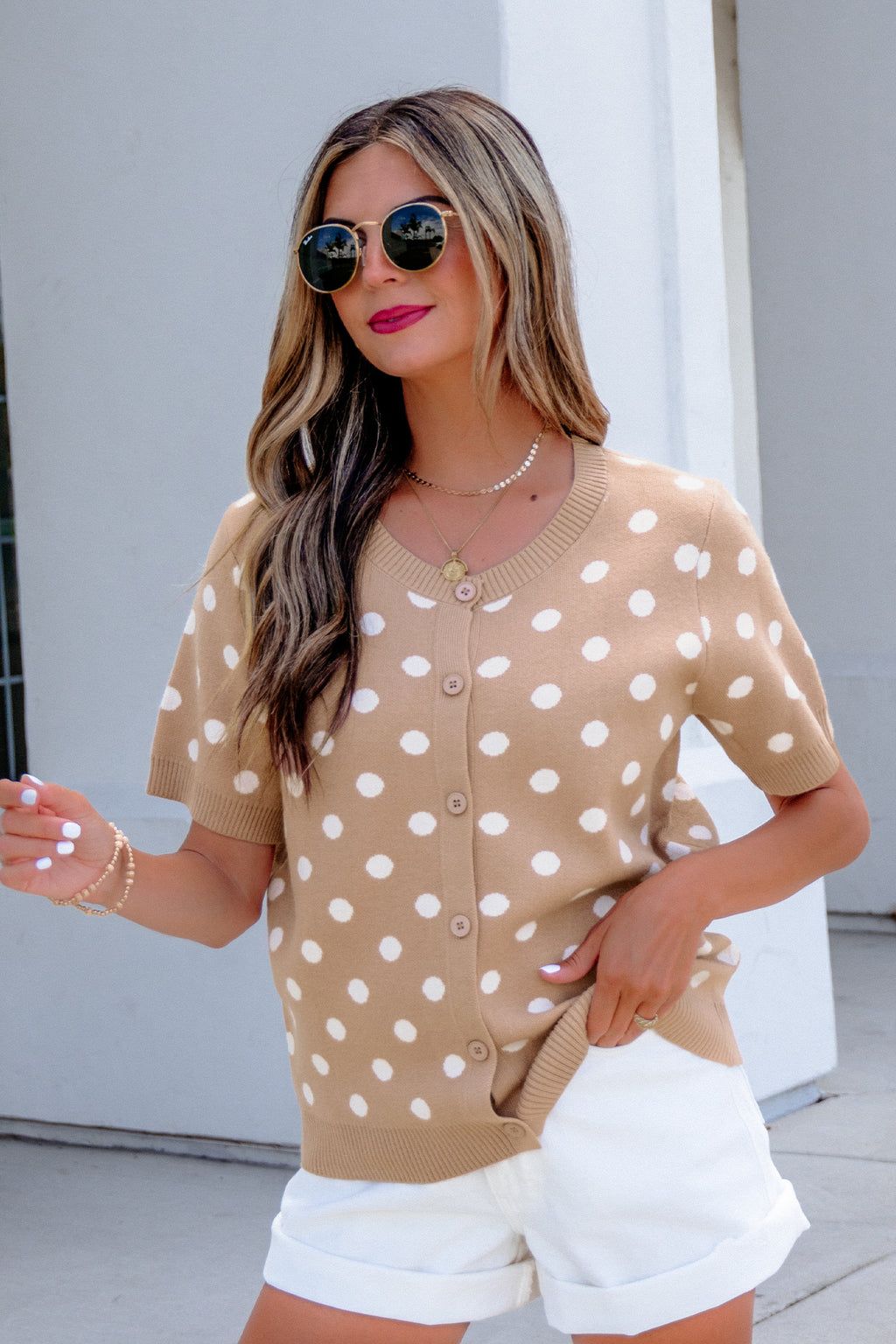 Dark Khaki Polka Dot Short-Sleeve Knit Cardigan