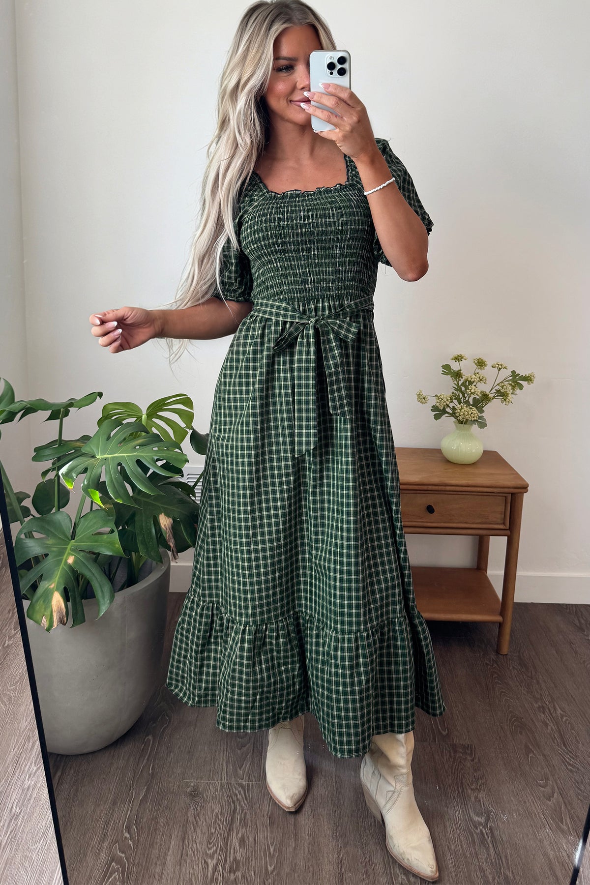 Green Plaid Square-Neck Ruffle Maxi Dress