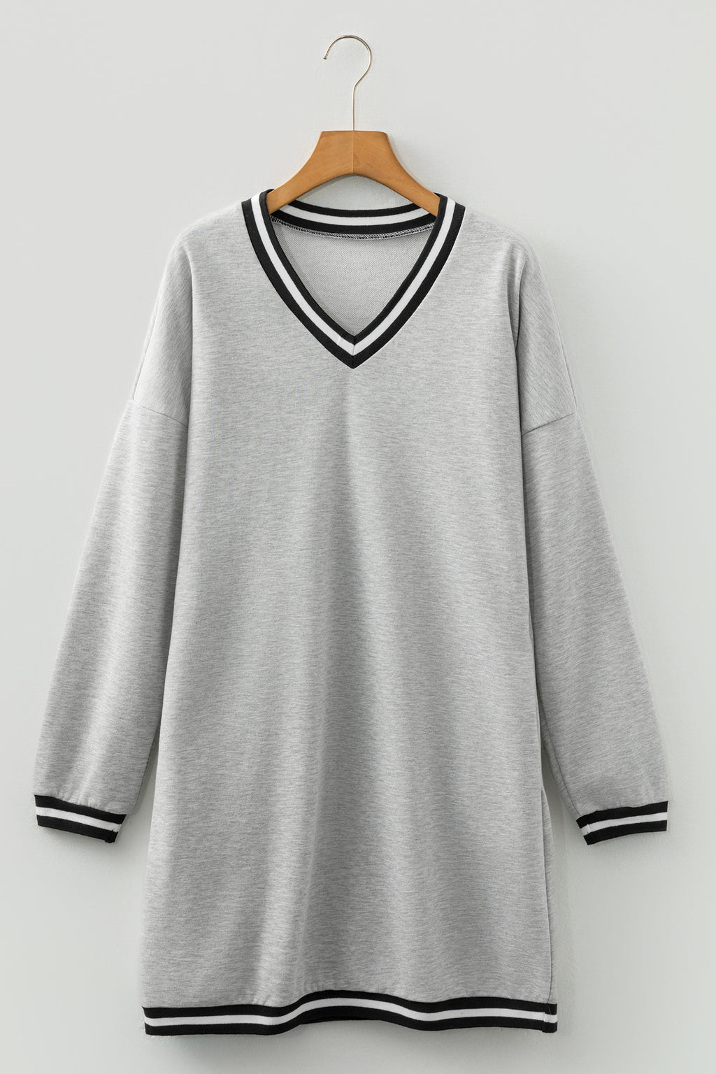 Light Gray Striped V-Neck T-Shirt Mini Dress